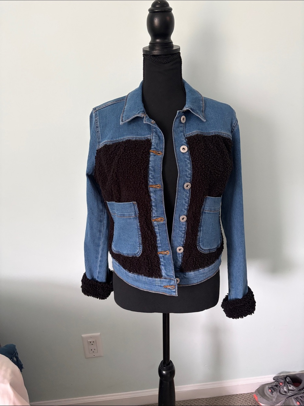 Jessica Simpson Blue Denim Jacket with Black Sherpa Accents